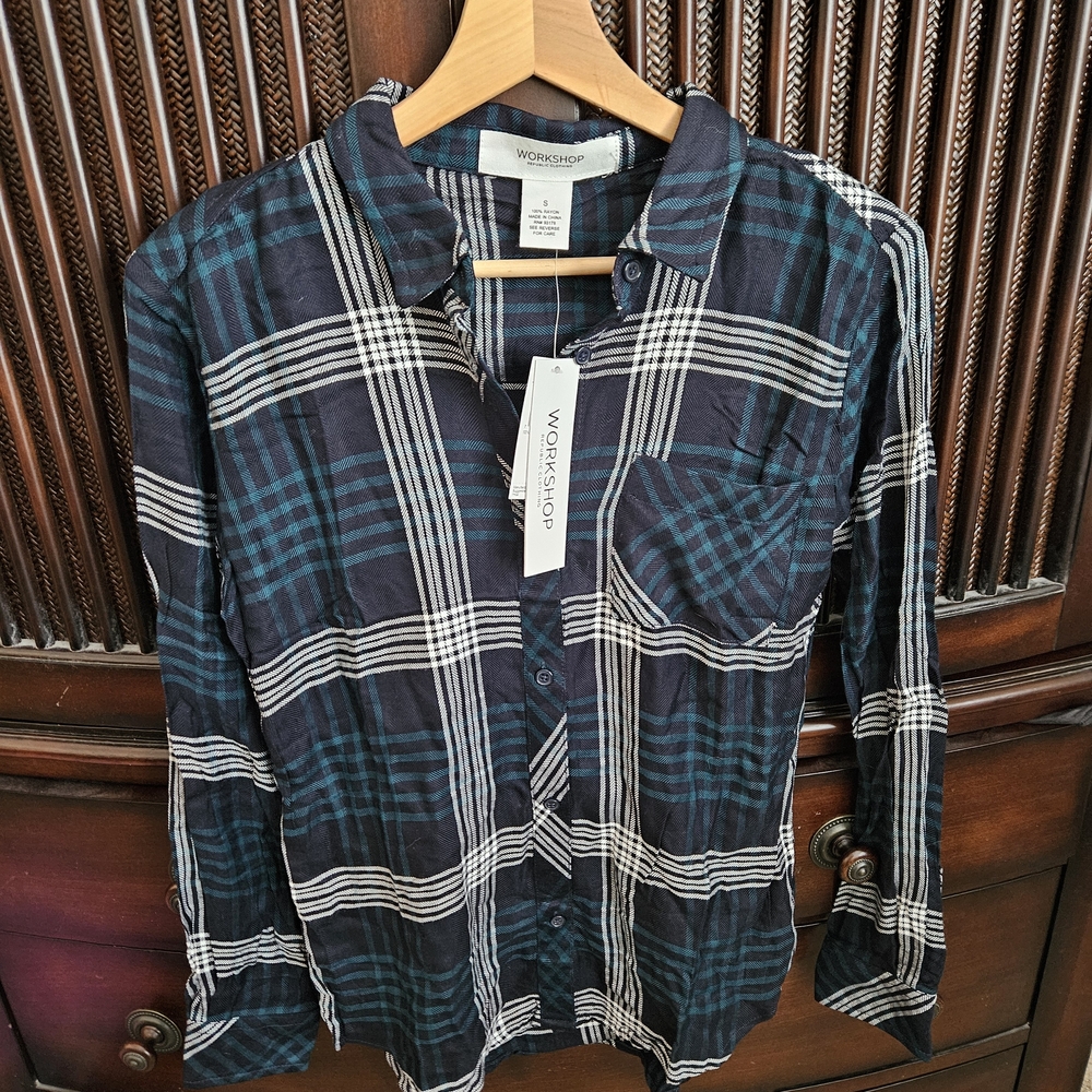 Workshop Republic Clothing Women's Plaid Button Up Blouse S NWT